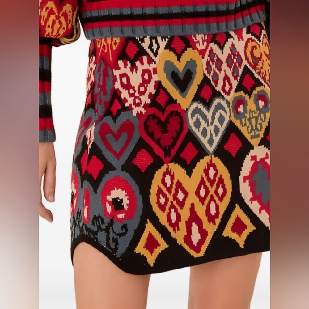 Bundle Farm Rio Black Hearts Ikat Knit Sweater and Skirt In Size Large. - Picture 3 of 16